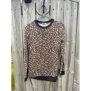 First Look Womens Leopard Print Sweatshirt Long‎ Sleeve Crew Neck Brown Grey S